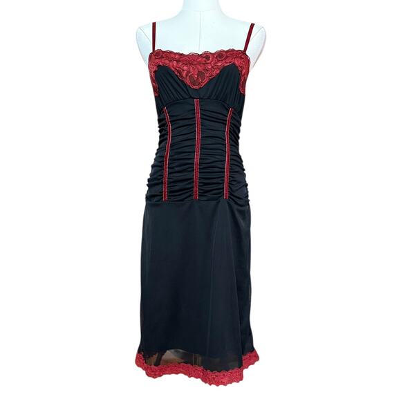 Morbid Threads Gothic Lacy Ruched Slip Dress S Y2K Punk Black Red Lace Bodice - Picture 3 of 11